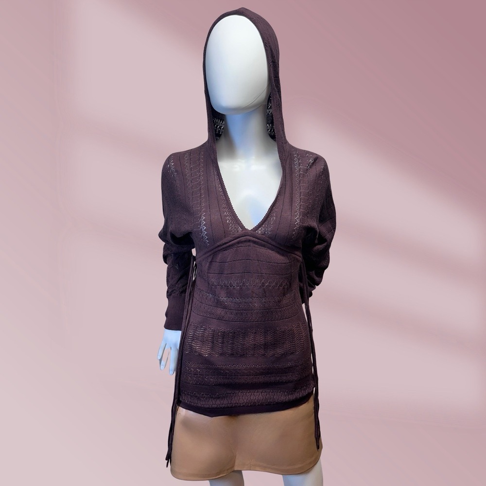 Charlotte Women's Sz S Brown with Purple Hue Crochet Look Hooded Sweater NWOT